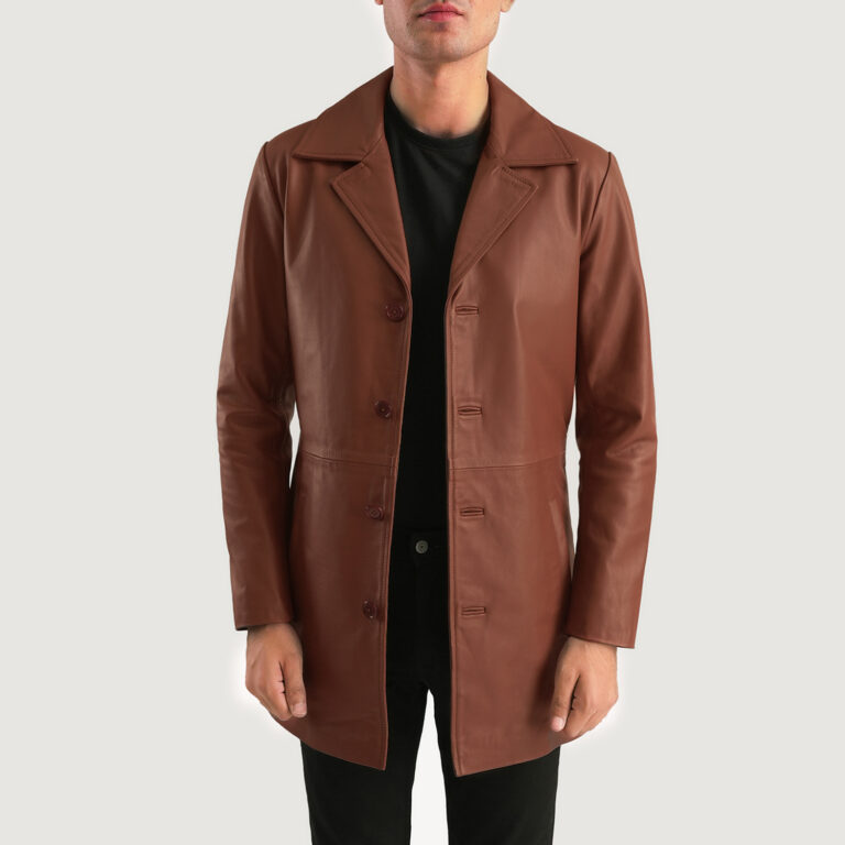 Mens Classmith Brown Leather Coat Open Front-4-1701087472742